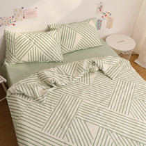 山川绿色条纹ins公寓宿舍床上四件套全棉纯棉文艺1.5米床单三件套