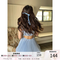 周小熊 芭蕾风连衣裙2024夏季新款蓝色吊带裙辣妹露背百褶短裙
