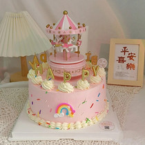 旋转木马生日装饰插件带灯款木马粉色蓝色儿童宝宝音乐盒蛋糕摆件