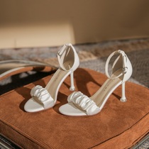 白色凉鞋2024年新款夏仙女风法式百搭8CM细跟一字带高跟女鞋绸缎