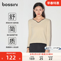 bossini女装23秋冬新品时尚短款细条纹V领修身针织衫打底衫