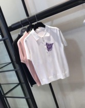 白领哥弟新品牌2024夏装新款polo领小猫刺绣冰丝针织衫短袖T恤女