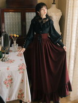 法式欧式宫廷复古长袖蕾丝衬衫条纹长裙两件套连衣裙暗黑系Lolita