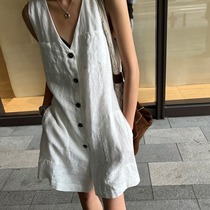 韩国chic夏季减龄复古小众亚麻连体裤女百搭无袖v领显瘦连衣短裤