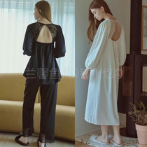 BALCONY韩国2023秋季纯色性感蕾丝露后背圆领长袖睡衣套装睡裙女