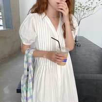 韩国ins夏季法式复古重工压褶V领泡泡袖单排扣宽松长款短袖连衣裙