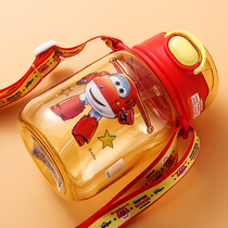 超级飞侠儿童背带吸管杯便携卡通幼儿园宝宝水壶小学生防摔塑料杯