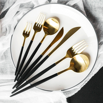 欧式不锈钢304黑金牛排刀叉勺筷子西餐四件三件餐具套装组水果