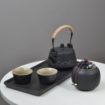 单层家用功夫茶具套装简约一壶两杯提梁茶壶茶杯茶罐陶瓷茶盘禅意