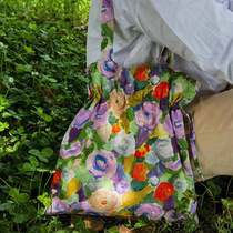 春夏新品油画文艺女生束口肩帆布包 大容量简约小碎花布袋包