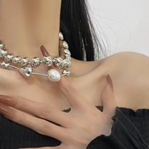 不规则褶皱几何拉丝金属珍珠项链时尚气质锁骨链个性颈链项饰